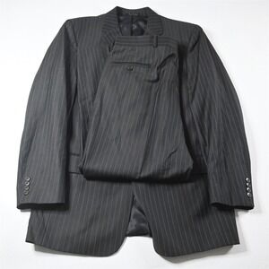 Vtg Y2K 2000s Boxy 42L 36x30 Gray Striped 100% Wool Mens Jacket Pants Suit